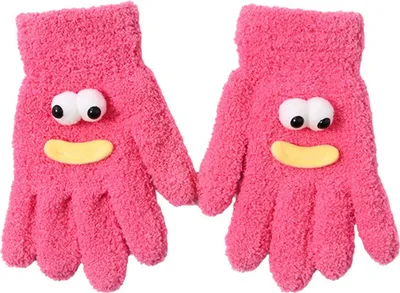Produktbild von Paar Damen-Korallenfleece-Handschuhe mit Cartoon-Augen und Wurstmund, Fünf-Finger-Thermohandschuhe für Outdoor-Aktivitäten wie Radfahren bei kaltem Wetter und Winter, warme, dicke Handschuhe
