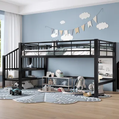 Produktbild von Flieks Etagenbett 90x200cm mit Treppe, Kinder Hochbett mit Lattenrost, Kinderbett Einzelbett mit Rausfallschutz, Schwarz
