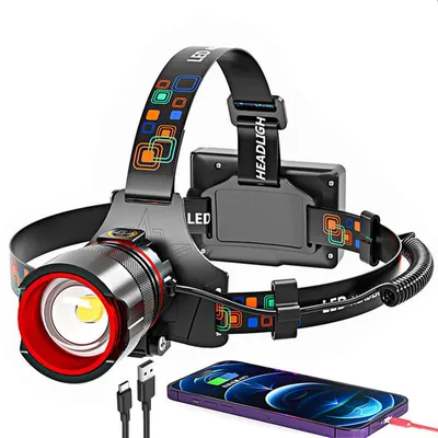 Produktbild von 90.000 Lumen wiederaufladbare Stirnlampe – 12.000 mAh, USB-Ausgang, 6 Modi – IPX7 wasserdicht – für Camping, Laufen, Reparatur & Notfall