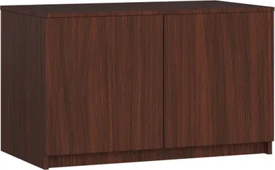 A studio shot of a dark brown cabinet with two doors.