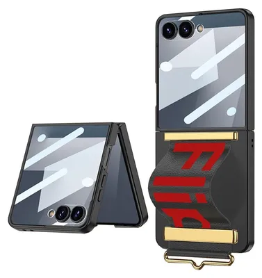 A black flip phone case with a red strap and gold accents is shown. The case is open, revealing the inside. Another similar case is shown closed.