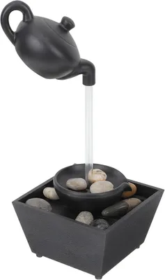 Produktbild von Wasserfall-Ornament mit hängender Teekanne als Tischbrunnen, Dekoration aus schwarzem Kunststoff mit automatischer Wasserzirkulation für Büro und Laden