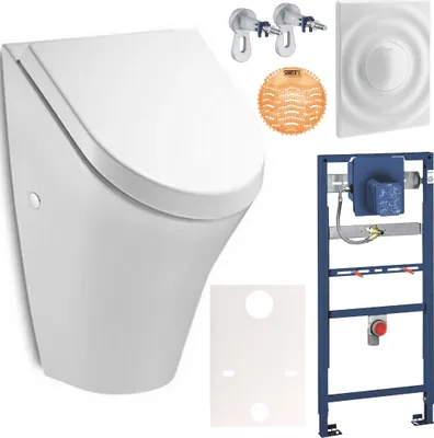 Produktbild von GROHE Rapid SL Vorwandelement Urinal-Set + ROCA NEXO Urinal mit SoftClose-Deckel, Betätigungsplatte, Wandwinkel & Urinalsieb, Weiß