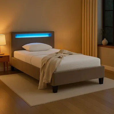 Produktbild von Polsterbett BAGO 90 x 200 cm, inkl LED Beleuchtung - Jugendbett mit Lattenrost, Stoffbezug in greige