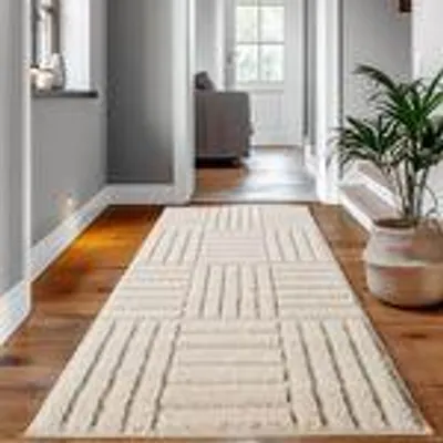 Produktbild von Skandinavischer Boho Wohnzimmerteppich mit Hoch-Tief-Effekt weich pflegeleicht strapazierfähig kombinierbar , Größe : 80 x 250 cm , Farbe : Creme-2