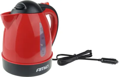 A red and black electric kettle with a power cord and car adapter.