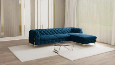 Produktbild von S-STYLE MÖBEL - Chesterfield Ecksofa mit Ottomane rechts Nova mit Goldene Metall Füßen aus Marineblau Samtstoff, B/T/H: 305 cm/ 200 cm/ 75 cm