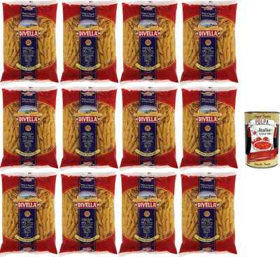 Produktbild von Divella Pasta 100% Italienisch Penne Zitoni 30, Nudeln aus Hartweizengrieß, Kochen 8 Minuten 12x 500g + Italian Gourmet polpa 400g