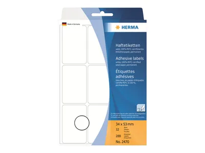 Obrázek produktu pro HERMA papír - matný - permanentní lepidlo - bílý - 34 x 53 mm 288 štítků (32 listů x 9)