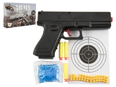Immagine prodotto di Pistola a palline da 20 cm in plastica + palline d'acqua da 6 mm, 3 cartucce in schiuma, palline di gomma in scatola 23x15x4 cm