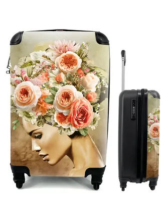Produktbild von MuchoWow® Koffer Handgepäck Trolley Rollkoffer Kleine Reisekoffer mit 4 Rollen - Frau - Blumen - Rosa - Cabin Size < 55x40x23 cm & 55x40x20 cm - Fotokoffer - Kabinenkoffer - Boardgepäck - Reise-Box - Reisekoffer - Reisegepäck - Koffer mit Bild - Trolley für Kinder