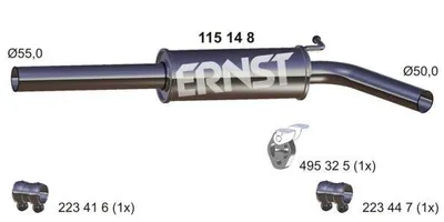 Produktbild von ERNST 115148 Mittelschalldämpfer Schalldämpfer für VW Polo Schrägheck (6R1, 6C1) für SEAT Ibiza IV Schrägheck (6J5, 6P1) für SKODA FABIA (NJ3)