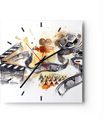 Produktbild von Wanduhr - Quadrat - Glasuhr - Film Projektor Illustration - 40x40cm - Schleichendes Uhrwerk - Lautlos - zum Aufhängen bereit - Dekoration Modern - Wanddekoration aus Glas - C3AC40x40-3017