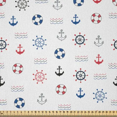 Produktbild von ABAKUHAUS Nautisch Microfaser Stoff als Meterware , Marine Elements Featured Rettungsring Anker Kompass Meereswellen Kids Nursery Theme, 10 M (230 x 1000 cm), Blau und rot