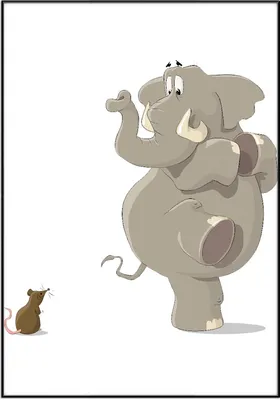 Produktbild von Wallario Wandbild Elefant erschrickt vor Maus, Größe: 70,30 x 100,30 cm, Poster mit schwarzem Aluminiumrahmen
