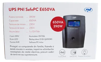 Produktbild von USV PNI SafePC E650VA, Leistung 390 W, 1,8 A, Ausgang 2 x 230 V, LCD-Bildschirm, Batterie 7,2 A im Lieferumfang enthalten