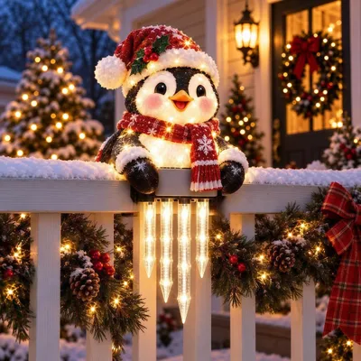 Produktbild von Weihnachtspinguin Solar-Dekoleuchte, warmes Licht, Eiszapfen-Effekt, für Garten, Balkon, Zaun, Nacht-Automatik, wetterfest, Weihnachtsdeko