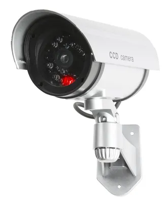Produktbild von Attrappe einer Überwachungskamera für den Außenbereich, blinkendes LED-Licht, Sicherheitssystem-Aufkleber, realistisch!