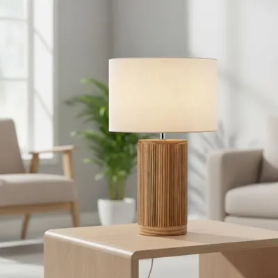 Productafbeelding van Schemerlamp Nau hout met witte kap, AI-gegenereerde afbeelding