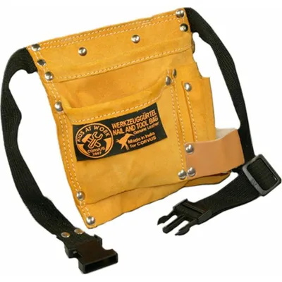 A yellow leather tool belt with multiple pockets and black straps.