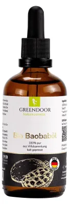 Produktbild von Bio Baobaböl kaltgepresst reich an Vitaminen für Gesicht, Körper, Haare & Nägel