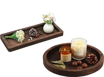Produktbild von 2er-Set Holztabletts, Schmuck- und Dekotablett, Runde & Rechteckige Form, für Wohnzimmer & Schlafzimmer