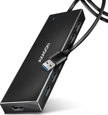 Obrázek produktu pro Axagon HUE-F7A 7x USB 3.2 Gen 1 ALU FLAT hub micro power IN 1m USB-A, USB 3.2 Gen 1 (3.1 Gen 1) Type-A, USB 3.2 Gen 1 (3.1 Gen 1) Type-A, 5000 Mbit/s, Černá, Hliník, 1 m