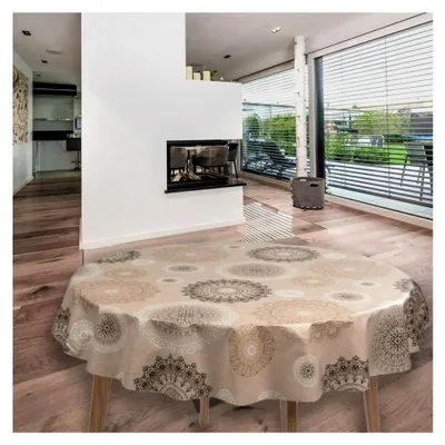 Produktbild von Runde Tischdecke aus Wachstuch, abwaschbar, PVC, Mandala Beige, Durchmesser 140 cm
