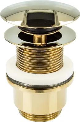 A close-up studio shot of a gold pop-up drain assembly for a sink.