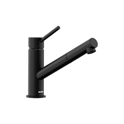 A black kitchen faucet with a pull-out spray head, shown against a white background.