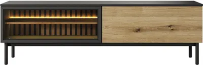 A modern TV stand with a black frame, a wood-grain door, and an open compartment with LED lighting.