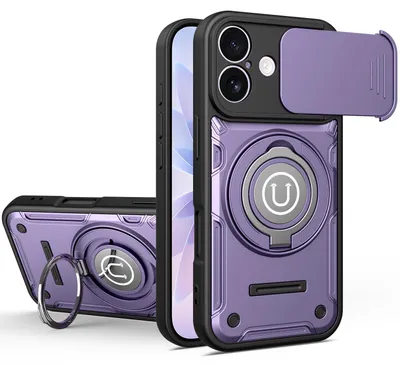 Produktbild von Magnetische Handyhülle für iPhone 16 mit Kameraschutz Schieber, Ringhalter und Ständer, Stoßfeste Hülle Lila