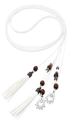 Image de Ceinture pour femmes, style exotique, avec chaîne ventrale, ornements en forme de pompons et perles en bois, longueur 150 cm