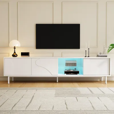 Produktbild von okwish Weiß TV-Lowboard mit Glasboden und APP-gesteuerte LED, TV-Schrank mit Viel Stauraum und Schiebetüren, Für Wohnzimmer
