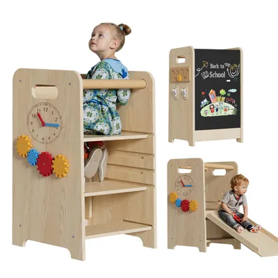 Produktbild von Montessori Lernturm 4-in-1 aus Holz, Höhenverstellbarer Learning Tower mit Rutsche, Tafel & Sicherheitsbügel, Kippsicherer Küchenhelfer für Kinder