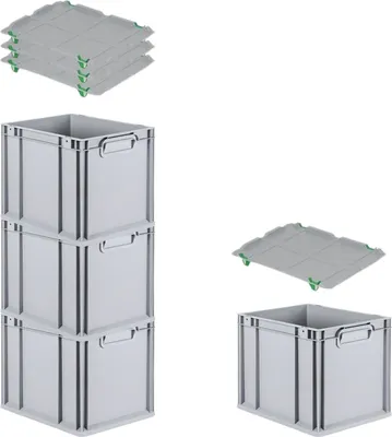 Produktbild von SuperSparSet 4x Eurobox NextGen Economy mit Auflagedeckel und 4x Schiebeschnappverschlüsse Grün | Griffe geschlossen | HxBxT 32x30x40cm | 30 Liter | Eurobehälter, Transportbox, Transportbehälter, Stapelbehälter