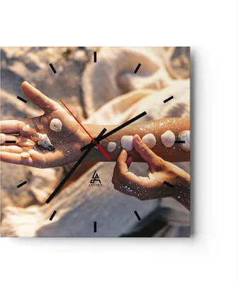 Produktbild von Wanduhr - Quadrat - Glasuhr - Muschel Hand Strand - 30x30cm - Schleichendes Uhrwerk - Lautlos - zum Aufhängen bereit - Dekoration Modern - Wanddekoration aus Glas - C3AC30x30-5102