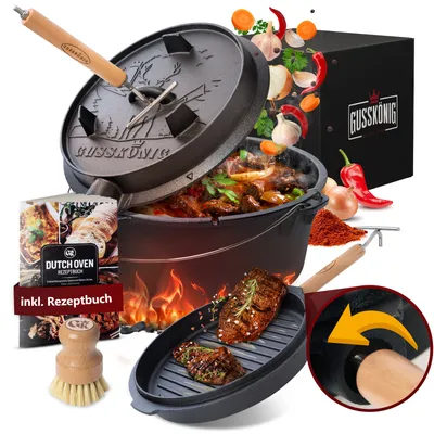 Produktbild von Gusskönig Dutch Oven 12 l mit Füßen 2in1 Deckelheber und Bürste