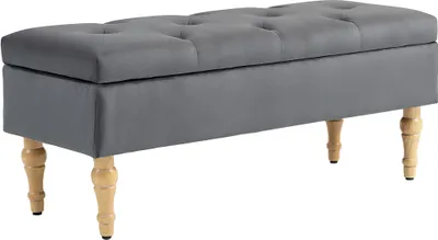 Image de Banc coffre de rangement 2 en 1 banquette en velours avec couvercle š€ charniššre capitonnšŠ et pieds en bois, gris foncšŠ