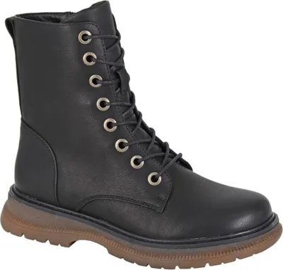 A black lace-up boot with a brown sole is shown against a white background.