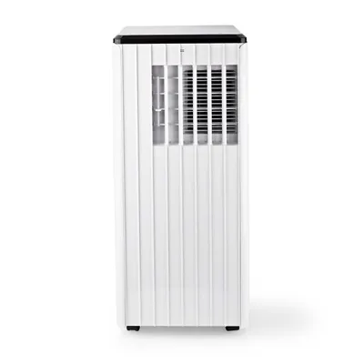 A white portable air conditioner is shown against a white background.