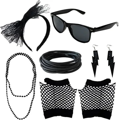 Imagen del producto de Conjunto de accesorios de disfraz de los años 80, que incluye: diadema de encaje, gafas, pulseras de silicona, guantes de rejilla, y consta de 7 piezas