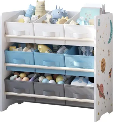 Zdjęcie produktu dla Półka na książki z 9 pojemnikami z tkaniny, oszczędzająca miejsce, biało-szara, wymiary: 62,5 x 29,5 x 60 cm