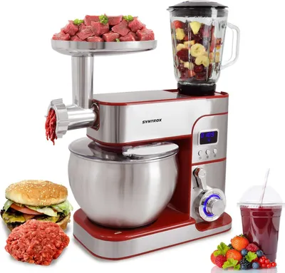 A multi-functional kitchen appliance with various attachments, surrounded by food items.