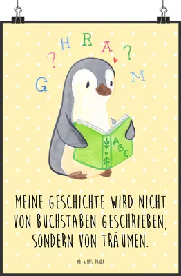 Produktbild von Mr. & Mrs. Panda Bild Pinguin Legasthenie DIN A3 - Gelb Pastell - Geschenk, Wanddekoration, Plakat, drucke, Rechtschreibstörung, wanddeko, Posterdruck