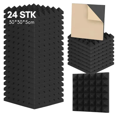 Zdjęcie produktu dla Ikodm, 24 sztuki, panele akustyczne z pianki, maty akustyczne o wymiarach 30 x 30 x 5 cm, maty dźwiękochłonne do efektywnej izolacji akustycznej, piankowe płyty w kształcie piramid, kolor czarny