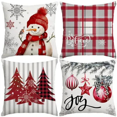 Produktbild von Weihnachtskissenbezüge 40x40 cm Set 4 Stück Bauernhaus Schneemann Weihnachtsbaum Rot Polyester