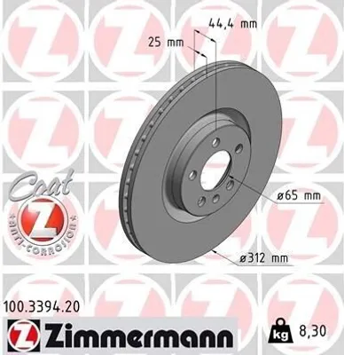 Produktbild von 2x ZIMMERMANN Bremsscheibe 100.3394.20 für AUDI A1 Sportback (GBA) 44mm 8 3kg