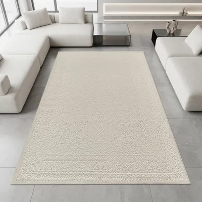 Image de Tapis crème, motif ornemental, facile d'entretien, fabriqué à partir de matériaux recyclés. Dimensions : 80 x 150 cm