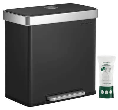 Image de Poubelle de cuisine SONGMICS, 2 x 30 litres, système de tri des déchets, 2 compartiments, 15 sacs poubelle, poubelle en acier inoxydable, seau intérieur en plastique, avec couvercle, fermeture en douceur, 58,2 x 31,5 x 60,5 cm, noir LTB202B01